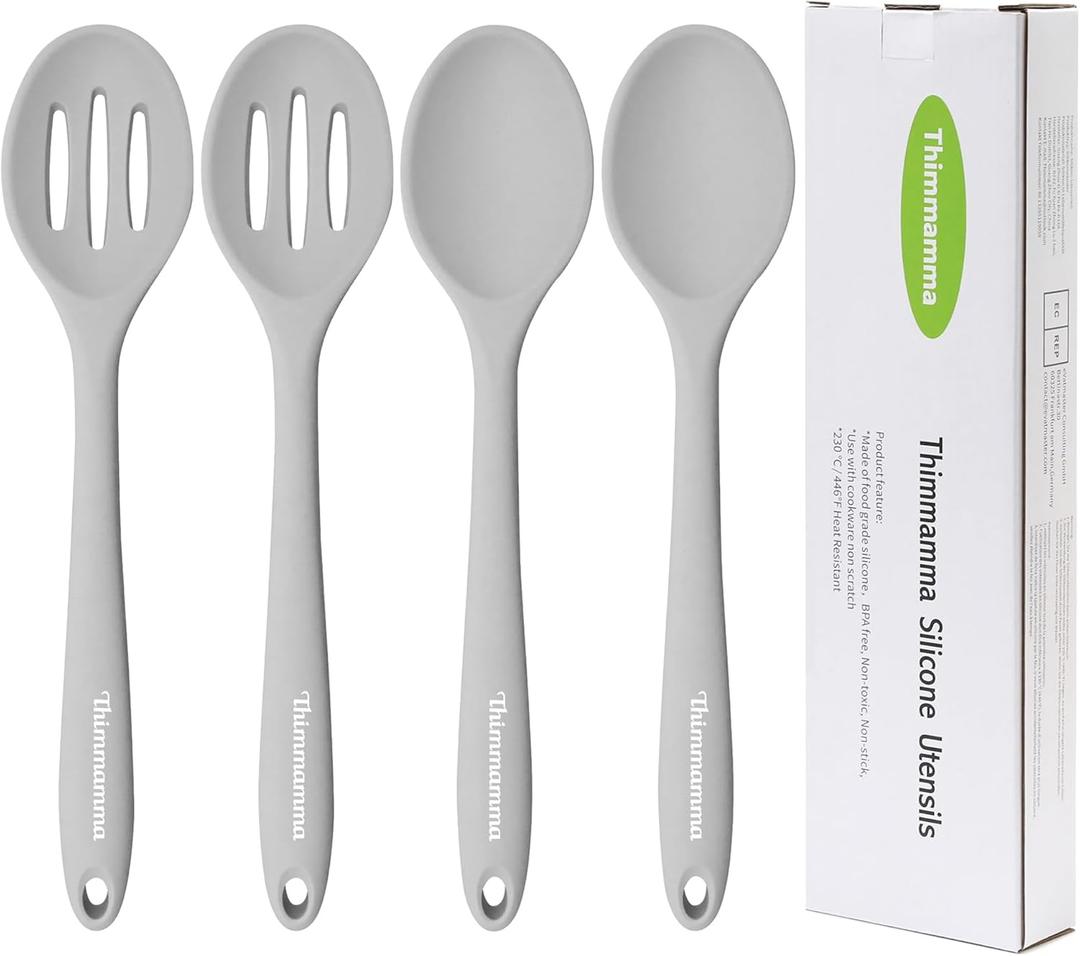 Silicone Spoon, Nonstick Kitchen Silicone Slotted Solid Spoons for Cooking Dishwasher Safe for Nonstick Cookware, Heat Resistant Grey Silicone Serving Spoon BPA Free for Mixing Stirring (4Pack)