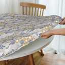 Elastic Edged Round Fitted Daisy White Blue Chic Floral Table Cloth Cover for Indoor Outdoor Kitchen Party, Waterproof Wipeable Tablecloth for 45"- 50" Tables,Medium