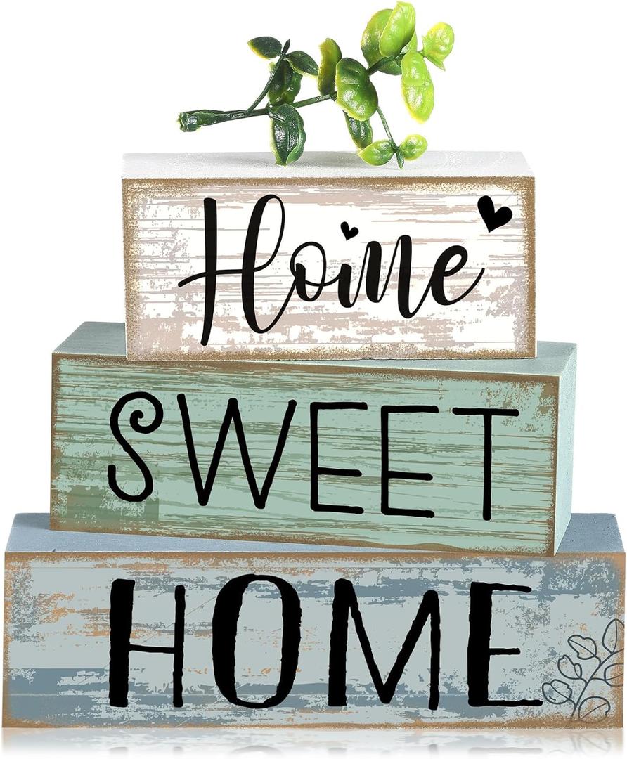 Moucuny 4 Pcs Wooden Farmhouse Tabletop Decor Rustic Home Tiered Tray Decor Decorative Highland Cow Home Eucalyptus Block Signs Gift Farmhouse Table Decoration for Kitchen Shelf(Eucalyptus)