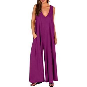 ANRABESS Women's Casual Summer Loose Jumpsuits Sleeveless Tank V Neck Wide Leg Long Pant Rompers Baggy Jumper with Pockets Dark Purple L