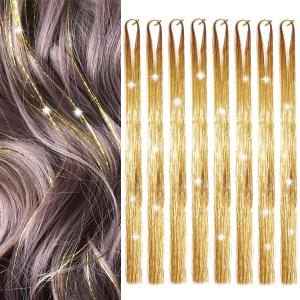 Hair Tinsel 8 Packs 1600 Strands 50 Inch Tinsel Hair Extensions Gold Heat Resistant Glitter Sparkling Shinny Fairy Hair Accessories for Women(Gold, 50Inch)