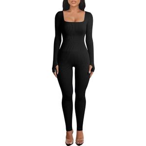 OEAK Womens Ribbed Jumpsuit with Tummy Control Long Sleeve Unitard Casual Yoga Rompers High Waisted One Piece Workout Bodycon (Small, Black)