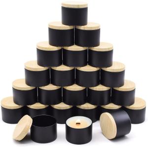 24-Pack 4oz Candle Tins with Wood-Grain Printing Lids, Metal Candle Jars for Candle Making, Bulk Empty Containers for Beginners & DIY Storage - Wood Black