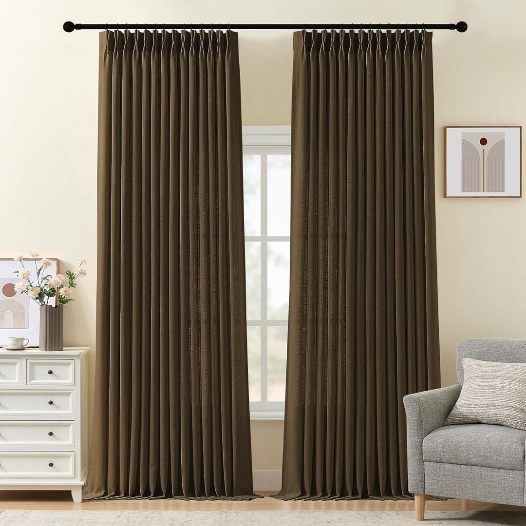 Living Room Pleated Curtains 96 Inches Long, Pinch Pleated Semi Sheer Curtain Rustic Textured Light Filtering Memory Trained Drapes with Hooks Rings for Bedroom, Dark Chocolate, W40xL96, 2 Panel