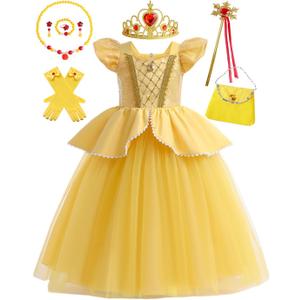 Girls Belle Princess Dress Kids yellow Princess Costume Girls Belle Dress Up with Jewelry Accessories, 6-7 Years
