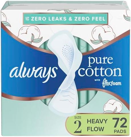 Always Pure Cotton Feminine Pads for Women, FlexFoam Pads with Wings, Size 2, Heavy Absorbency, Unscented