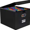 File Organizer Box with Folder, 25 Pockets Accordion File Organizer with Colored Labels, Upgraded & Portable File Folders for Home, Office, School, Black-Leather