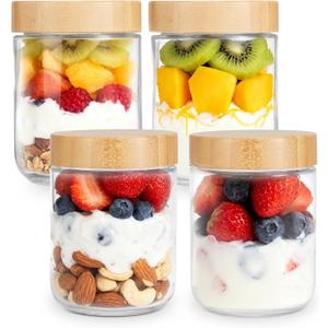 4-pack 16oz Overnight Oats Containers with Bamboo Lids, Wide mouth Mason Salad jars, Glass Jars with Airtight Lids for Meal Prep, Glass Food Storage Container for Snack Yogurt Sugar Spice