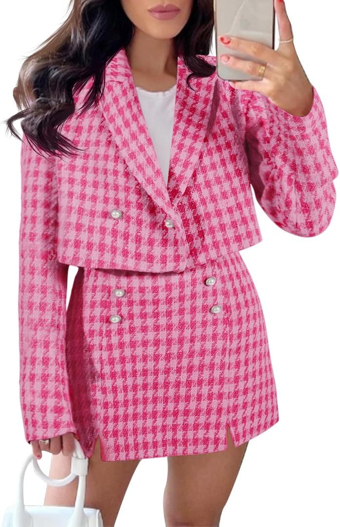 Cicy Bell Womens Cropped Tweed Blazer Sets 2 Piece Outfits and Mini Skirt Sets Business Casual Suits (Large, Bright Pink)
