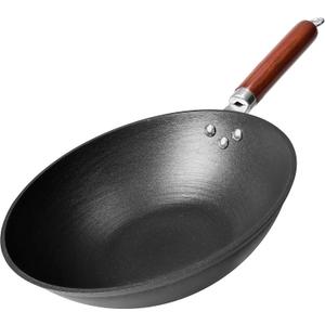 21st & Main Wok, Stir Fry Pan, Wooden Handle, 11 Inch, Lightweight Cast Iron, chefs pan, pre-seasoned nonstick, for Chinese Japanese and other cooking