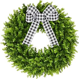 Vlorart 24" Large Boxwood Wreath for Front Door, Artificial Greenery Wreath with Plaid Bow, Full Lush Spring Summer Farmhouse Wall, Window & Wedding Decor
