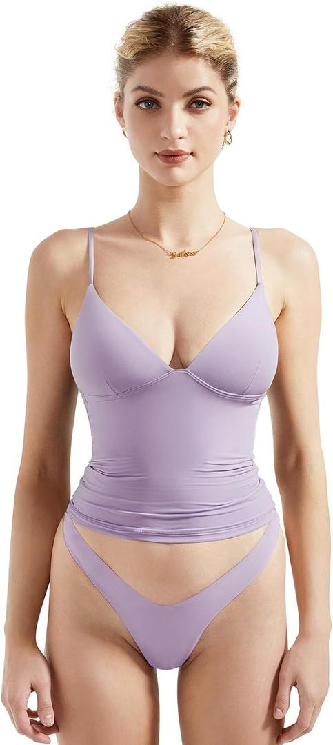 SUUKSESS Women Sexy Deep V Neck Sleeveless Fitted Basic Tops Y2K Tank Top Cami (X-Small, Light Purple)