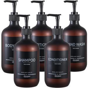 Refillable Matte Amber Plastic Shampoo and Conditioner Bottles (5 Pack, 16.9oz), with Pumps and Labels