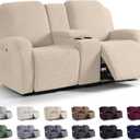 KinCam Loveseat Recliner Covers with Middle Console Slipcover, Recliner Sofa Covers 2 Seat Couch Cover Stripe Jacquard Furniture Protector Covers with Elastic Bottom for Kids, Pets (Vanilla)