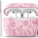 Lerobo for AirPods Pro 3 Case Cover with Cleaner Kit, Cute Flower Engraved Silicone Protective Cover with Keychain Compatible with Apple AirPod Pro 3rd Generation Case 2025 for Women and Girls, Pink