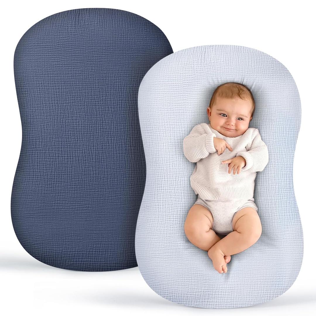 Termichy Baby Lounger Covers Muslin: Soft and Breathable Slipcover for Snuggle Me Lounger - Machine Washable & Zipper-Free for Safe Daily Use, Navy & Blue for Boys