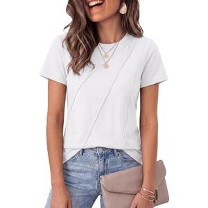 LUXVEER Women's Short Sleeve Tops Pleated Crewneck Loose Fit T Shirt Business Casual Dressy Work Shirts 2026 Summer Blouses (White, S)