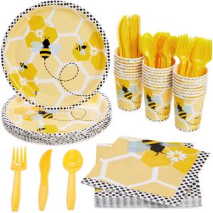 BLUE PANDA 144 Piece Bumble Bee Party Supplies - Serves 24 Party Plates, Napkins, Cups, and Cutlery for What Will It Bee Gender Reveal Decorations