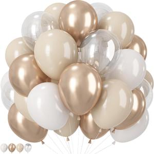 Champagne Gold White Balloons, 60 PCS Metallic Gold Cream Clear Balloons, Nude White Sand Beige Transparent Balloon for Neutral Birthday Boho Wedding Anniversary Engagement Baptism Party Decorations