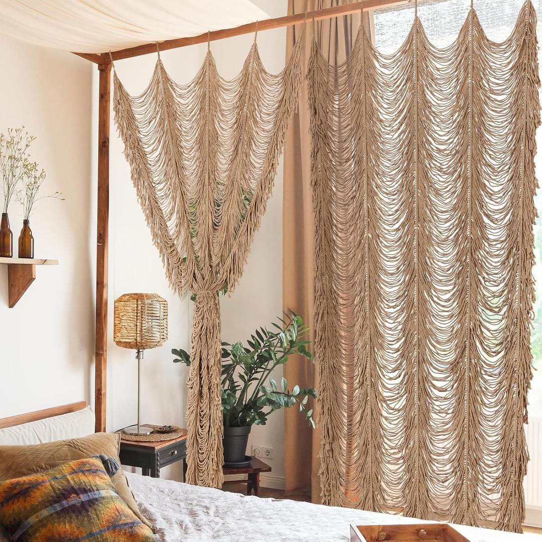 Boshen Macrame Boho Handmade Curtain, 1 Panel Tassels Doorway Window Wall Decor, 100% Cotton Art Craftsmanship Room Divider Wall Hanging for Bedroom, Living Room, Wedding, 75" L x 59" W Kakki