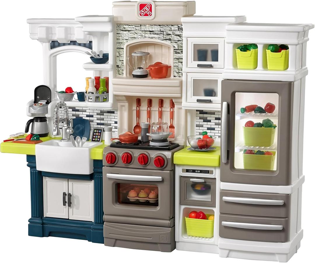 Step2 Elegant Edge Kids Kitchen Playset, Indoor/Outdoor Kitchenette, Interactive Play with Lights and Sounds, Made of Durable Plastic, Includes 78 Piece Toy Accessories, For Toddlers 3+ Years Old, Large