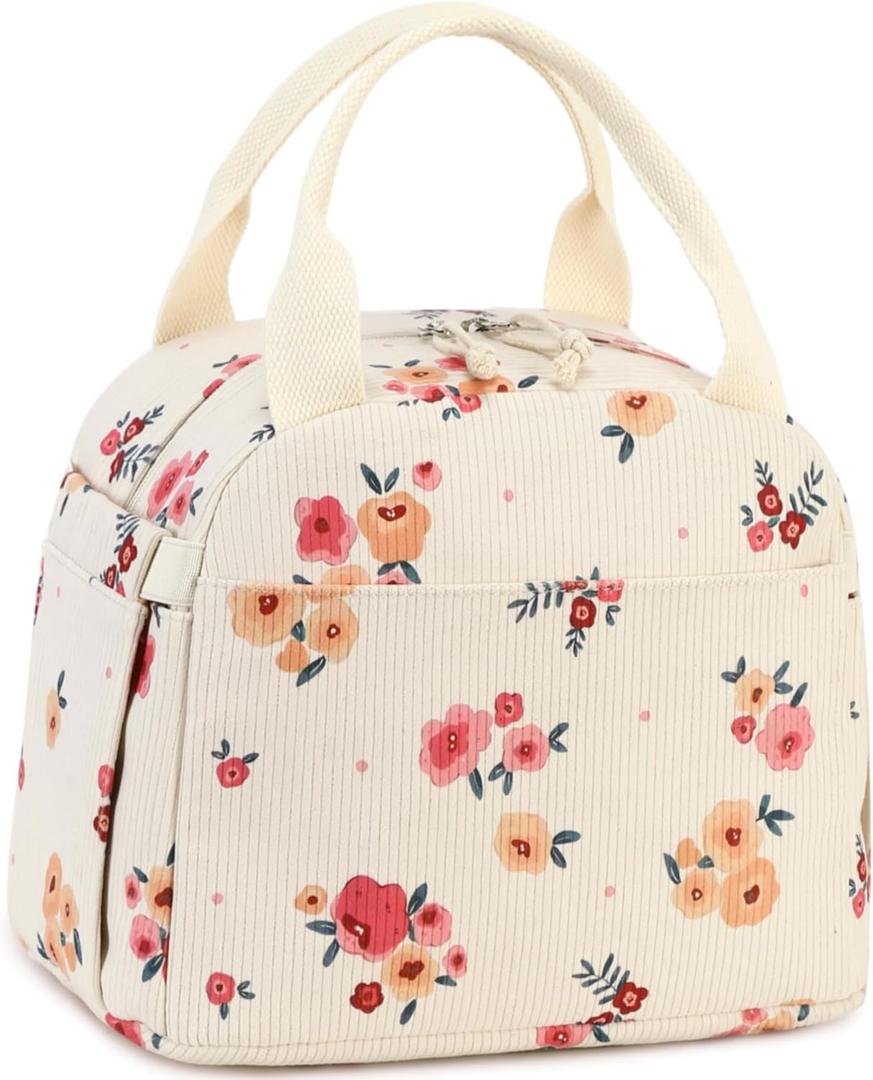 BTOOP Lunch Box for Women Men Cute Corduroy Lunch Bags Large Capacity Insulated Lunch Tote Bag For Work Travel Or Picnic (Orange-Flower)