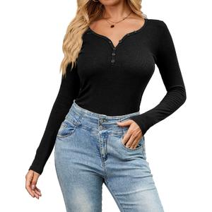Amoretu Women's Henley Long Sleeve V Neck Shirts Slim Fitted Side Ruched Button Tops (Black, XXL)
