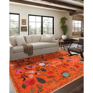 CRYPTOLITE Area Rug 8x10, Washable Large Rugs for Living Room, Non Slip 0.27″ Low Pile Vintage Floral Large Carpet for Bedroom, Living Room, Dining Room, Kids Playroom (Orange)