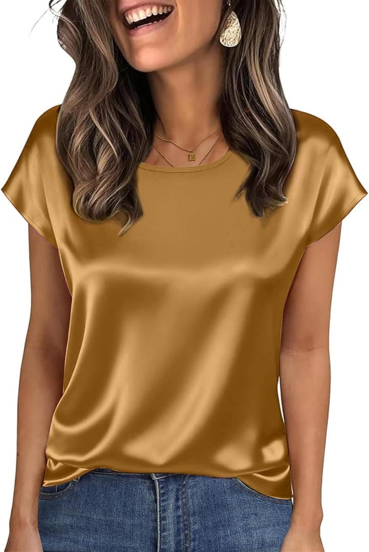 Nfsion Tops for Women Silk Satin Cap Short Sleeve Blouse Square Neck Shirts Business Casual Outfits (Gold, M)