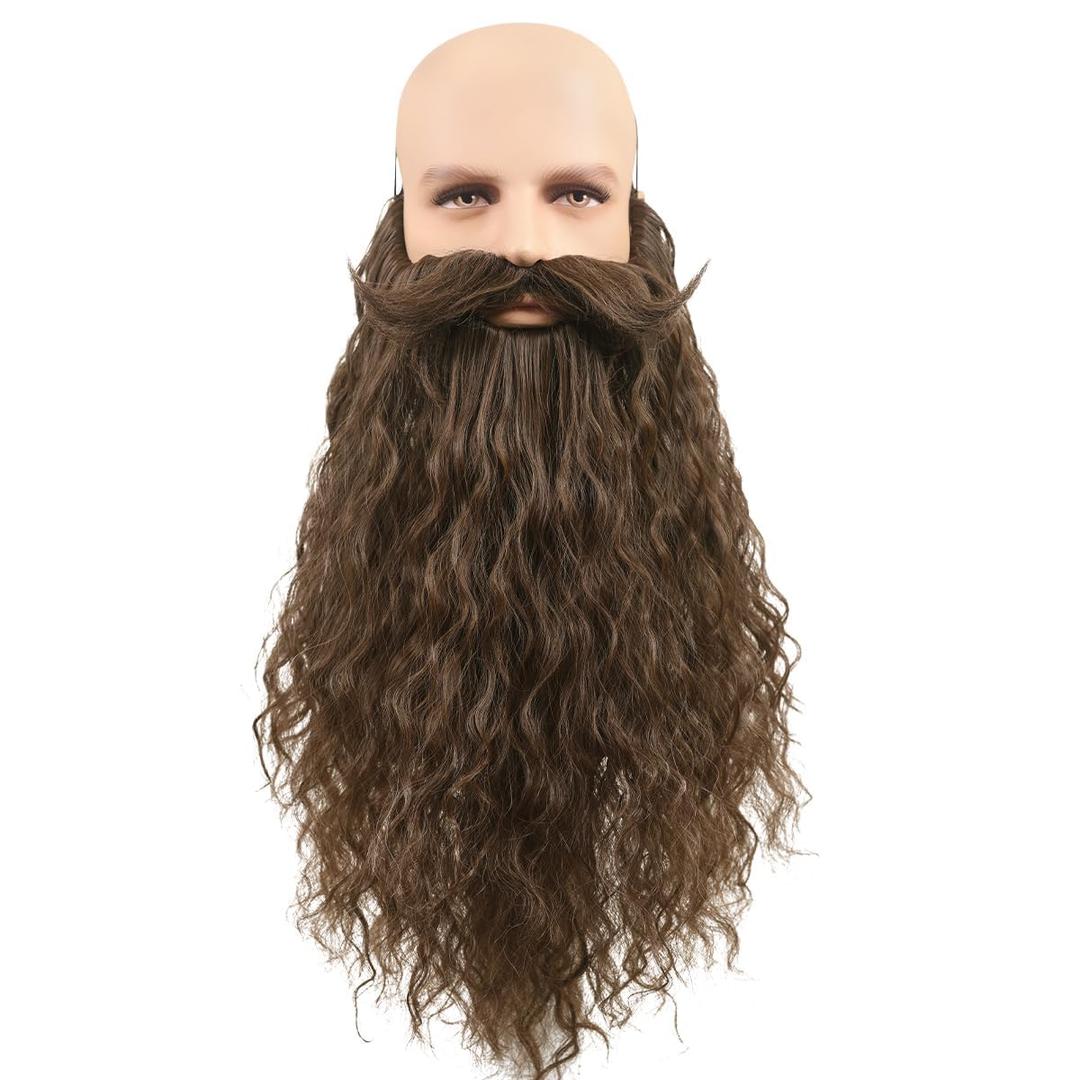 Honcloud 18 Inches Men's Long Curly Brown Synthetic Pre - styled Realistic Fake Beard for Wizard Costume and Halloween Party (Brown)