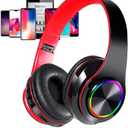 Wireless Bluetooth Headphones with Colorful LED Lights, Built-in Mic, Light Weight, Foldable, Wired HiFi Stereo Headphones for Classroom/Home Office/PC/Mobile Phone/Kids Adult (Black Red)