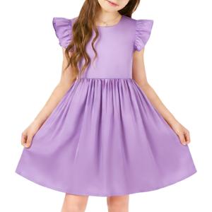 DIPUG Satin Purple Dress for Girls Casual A-Line Summer Dresses for Kids Size 12 with Flutter Sleeve Girls Spring Swing Sundress for Wedding Party
