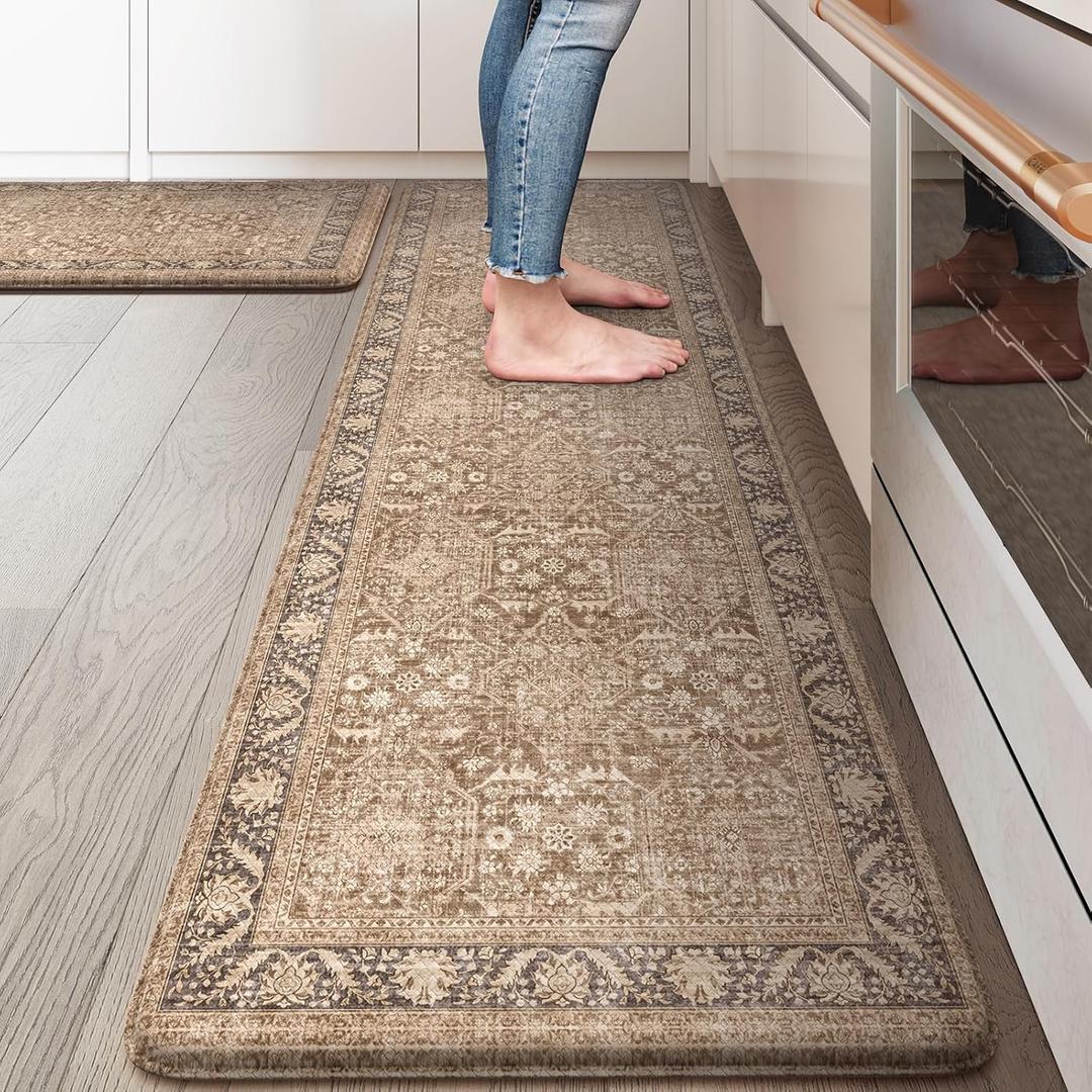 KIMODE Farmhouse Anti Fatigue Kitchen Mat, 17"x59"+17"x29" Vintage Kitchen Rugs, Waterproof Kitchen Floor Mats Non Slip, Comfort Foam Standing Mat for Sink, Laundry, Office, Desk Brown