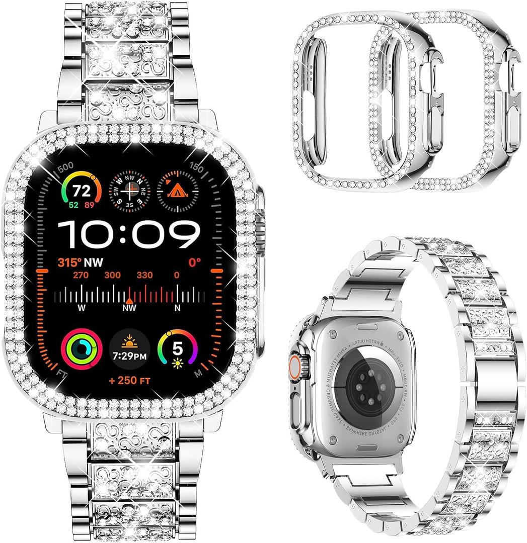 Mosonio Compatible with Apple Watch Band 38mm 40mm 41mm 42mm 44mm 45mm 46mm 49mm with 2 Pack Case Women, Jewelry Replacement Metal Bands Strap with Bling PC Protective Case for iWatch Ultra SE Series 11/10/9/8/7/6/5/4/3/2/1 (Silver)