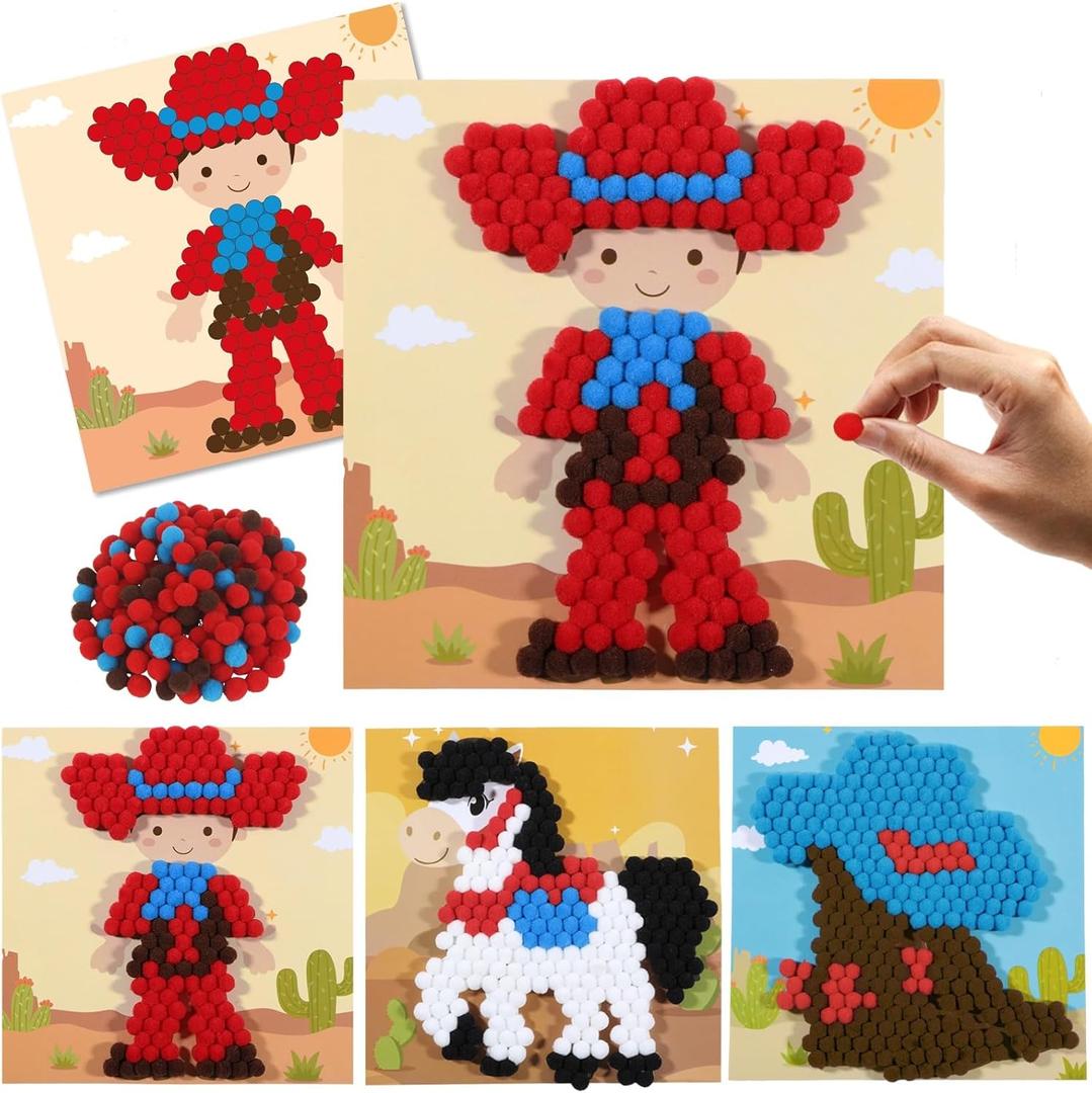 2 x CORNER LACE Cowboy Theme DIY Pom Pom Art Set for Kids Age 3-6 Years Old 3 Pieces - Fun Arts and Crafts, Sensory Activity Creativity Includes 3 Patterns (Blue Red-Cowboy)