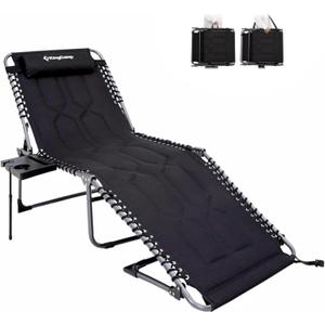 KingCamp Oversize Lounge Chair Outdoor, Extra Large Padded Folding 5 Positions Chaise Tanning Chairs with Pillow & Side Table for Outside Sunbathing Beach Patio Pool Camping (Black)