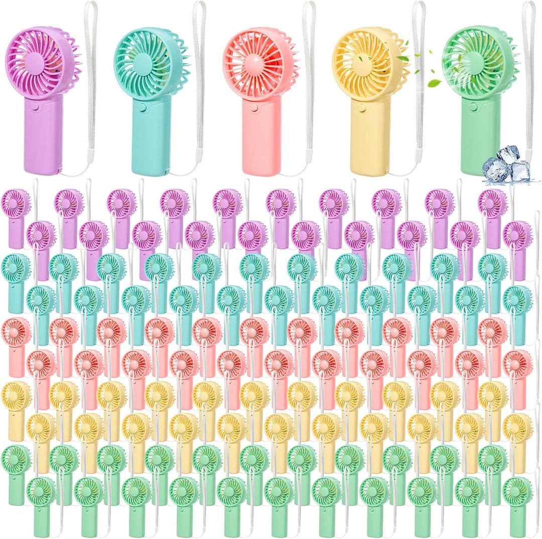 Rossesay 100 Pcs Mini Portable Fan Handheld Battery Operated Portable Small Personal Fans for Summer Travel Beach Indoor Outdoor Cooling Gift (Pink,Purple,Yellow,Green,Blue)