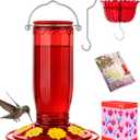 iBorn Hummingbird Feeders for Outdoors Hanging with Ant Moat for Hummingbird Feeder Glass 8 Ports for 16oz Humming Bird Nectar,Yellow Flowers Red Glass, Pack of 1
