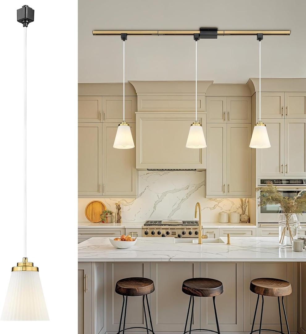 H-Type Track Lighting Pendant, HWH 1-Light Track Pendant Light Fixture Brushed Gold Finish with Frosted Milk White Striped Glass Shade for Kitchen Island, 5HZG97TP BG