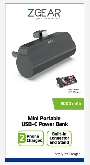 ZGear Mini Portable USB-C Power Bank 2 Phone Charges 5000 mAh