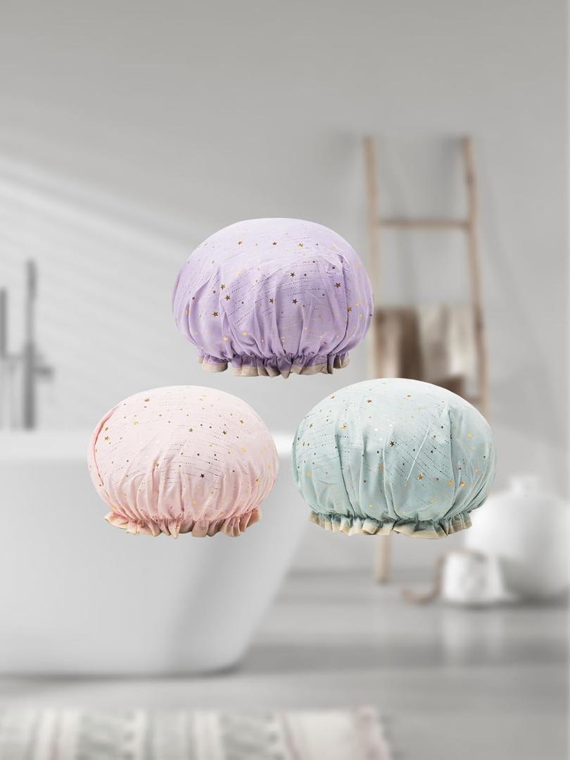 3 Pcs Shower Caps Ladies and Girls Hats, Reusable Waterproof Shower Caps Double Waterproof Layer (Star Green Pink Purple)