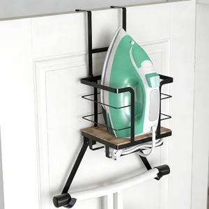 Ironing Board Hanger Wall Mount, Over the Door Iron Board Holder, Wooden & Metal Laundry Room Organizer, Anti-Slip Fence Design, Fits T/Y-Leg, Black