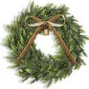 Dingion 12" Christmas Cedar Wreath Realistic Artificial Cedar Wreath for Front Door Small Fake Pine Cypress Wreaths with Cow Bell Velvet Ribbon for Xmas Holiday Outdoor Indoor Home Decor (Brown)