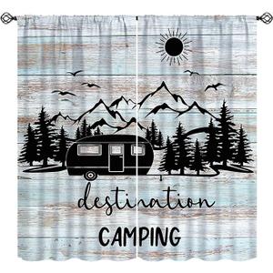 Happy Camper Blackout Window Curtain, Vintage Farmhouse Travel Trailers Camping Theme Curtains for Bedroom Living Room 52" W X 84" L