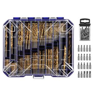 276pc Titanium Twist Drill Bit Set with S2 Bits 135 Tip High Speed Steel, Size from 1/16" up to 1/2", Ideal in Wood Cast Iron Aluminum Alloy Plastic Fiberglass, Clear Lid Case