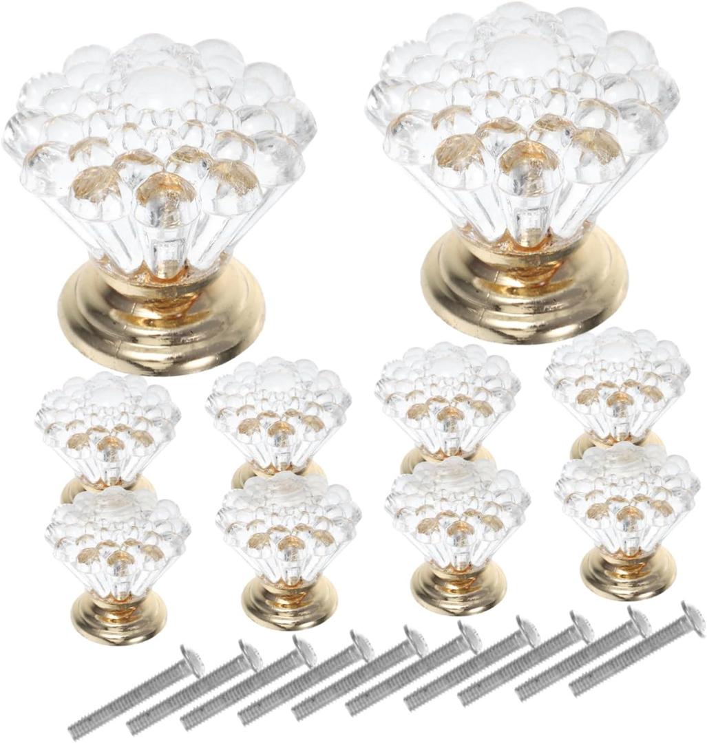 Veemoon 10pcs Clear Crystal Acrylic Drawer Pulls Elegant Cabinet Handles for Dressers Kitchen Bathroom Easy Installation Single Hole Design Versatile Decorative Hardware (Gold)