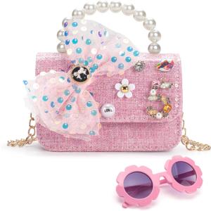 Little Girl Purse, Kids Crossbody Bag with Flower Sunglasses, Toddler Wallet Girls Handbags for Party Wedding Birthday Gift (Hot Pink)