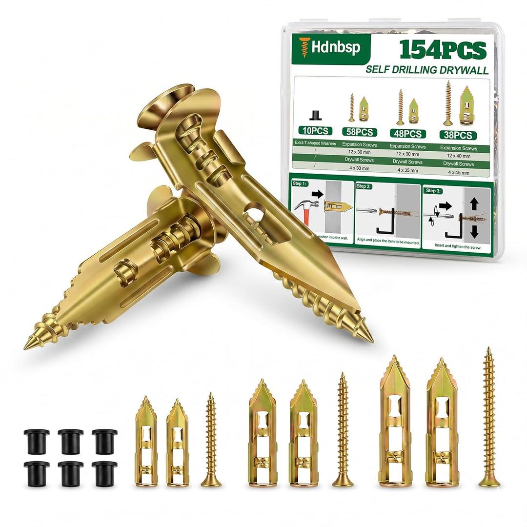 3 x 154Pcs Self Drilling Drywall Anchors with Screws Kit, 3 Sizes Metal Expansion Anchors for Drywall, Zinc Plated Sheetrock Wall Anchors No Drill for Pictures, Shelves, Mirrors, Hooks, Wall Decor