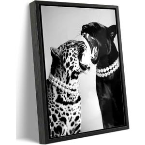 Framed Fashion Leopard Canvas Wall Art Trendy Black White Cheetah Picture Wall Decor Luxury Feminist Poster Print for Girls Bedroom Dorm Bar Cart Home Decoration 16x24in