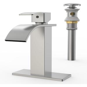RUACQ Waterfall Bathroom Faucet,Single Handle Bathroom Sink Faucets for 1 or 3 Hole, Stainless Steel Washbasin Mixer Tap with Deck,Pop-up Drain and Supply Hoses (Brushed Nickel)